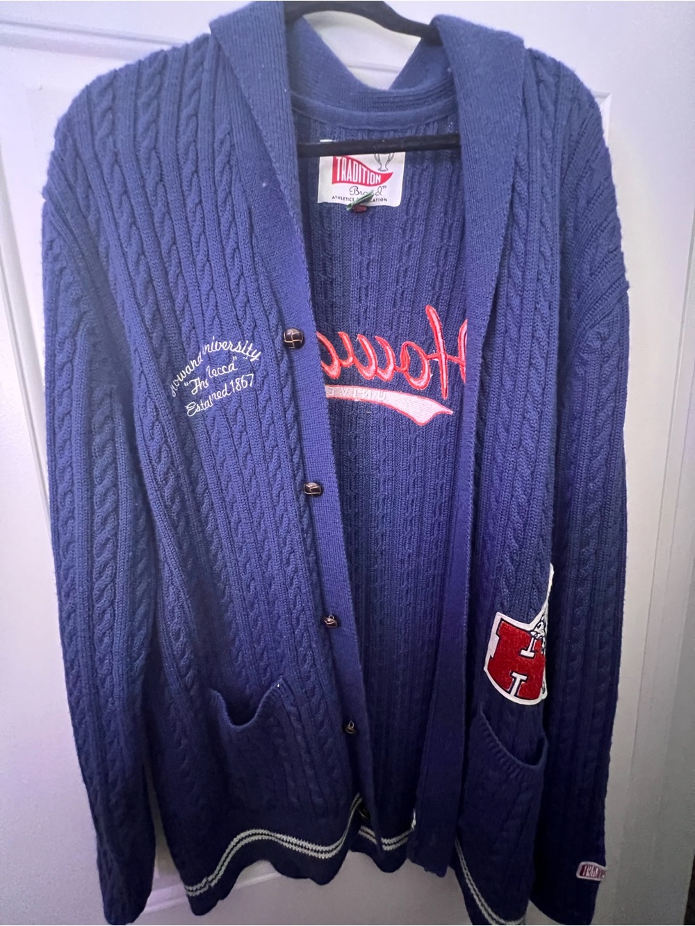 Howard University Navy Cable-Knit Shawl Collar Cardigan